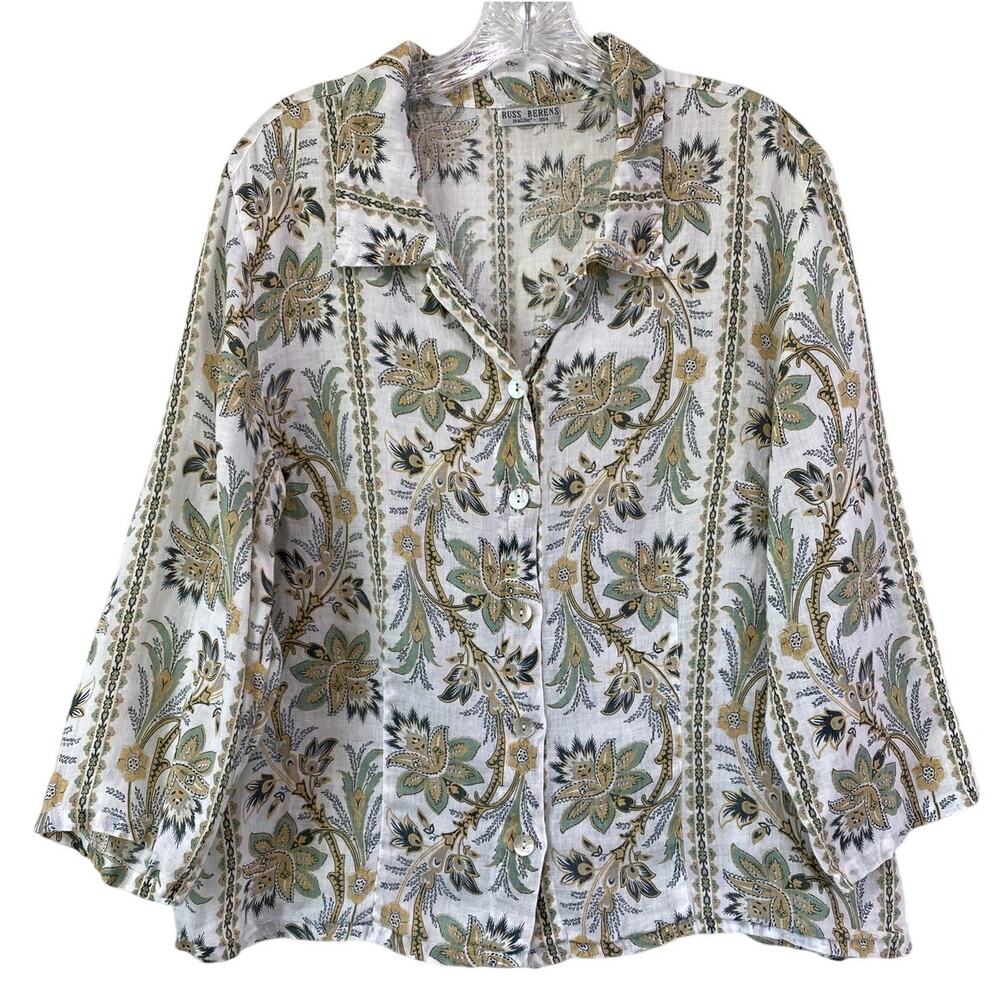 Russ Berens Malibu Floral Linen Pre-Shrunk Button Up Top Sz‎ L Resort Wear Beach